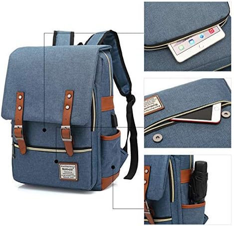 UGRACE Vintage ruksak za Laptop sa USB priključkom za punjenje, elegantan vodootporni putni ruksak Casual Daypacks koledž torba za rame za muškarce i žene, odgovara laptopu do 15,6 inča u plavoj boji
