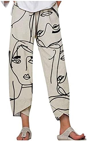 Capri pantalone za žene Pamučne posteljine široke noge Capris ženske ljetne obrezane hlače plaža elastična struka vrećaste rupe 2023