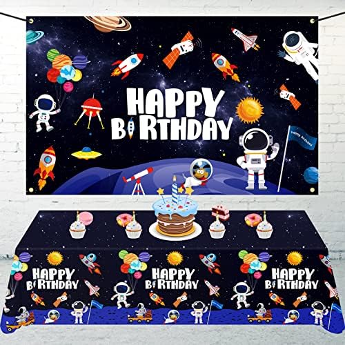 Outer Space Birthday Banner backdrop dekoracije, Planet Rocket Photo Background 1outer Space Birthday Backdrop Banner ,1tablcloth Cover For Kids Theme Birthday Supplies