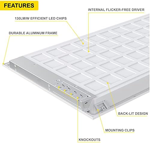 Nuwatt 4 paketa 2x4 FT LED lampica, 50W, 5000k, 5500 lumena, 120-277v, 0-10V zatamnjenja, ravna pozadinska pričvršćivanje, ispiranje
