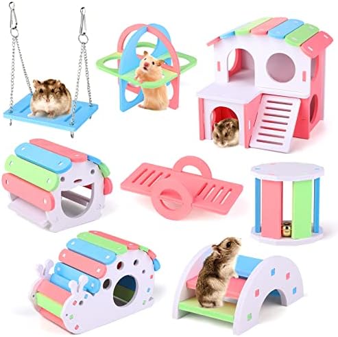 TIIBOT 8 komada Fun Hrmster Toys DIY WOODEN GERBIL SKYOUT uključuju ljuljačke seesaw Rainbow Villa Bear's Nest Fitness Circle Arch