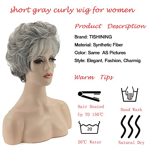 TISHINING kratke sive kovrčave perike za bijele žene Sliver siva Pixie krojena perika sa šiškama valovita slojevita Sintetička perika za kosu prirodnog izgleda