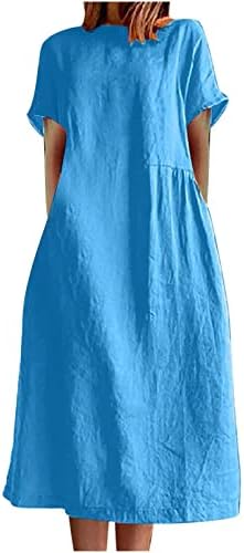Ženska ljetna moda jednobojna okrugla vrata kratki rukavi pamučna lanena haljina sa džepnim Plus Size ljetnim haljinama
