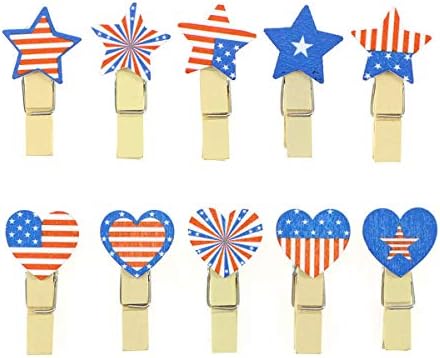 Freci 50pcs American Flag uzorak Mini fotografije Clips Drveni obučeni za obrtaju fotografije s konopnim konopcem Rope Patriotsko