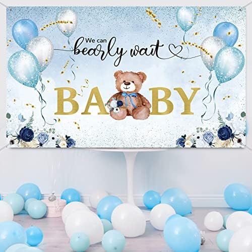 Možemo Bearly čekati Baby tuš dekoracija akvarel Nebeski plavi baloni Medvjedić pozadina, dječak pozadina prilagođena pozadina ukras