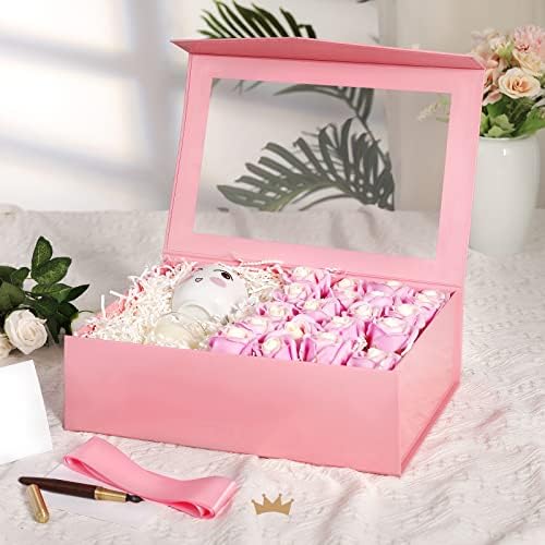 PACKQUEEN velika Poklon kutija sa prozorom, 13, 5x9x4, 1 inča roze Poklon kutija za poklon sadrži traku, čestitku, kutiju za predloge