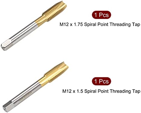 Uxcell Spiral točka dodirnite, M12 x 1,5 m12 x 1,75 Metrički H2 Preciznost 3 flaute Veličina čeličnih titanijskih vijčanih vijaka