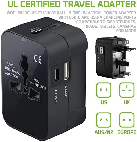 Putovanje USB Plus International adapter za napajanje kompatibilan sa LAVA IRIS 500 za svjetsku energiju za 3 uređaja USB Typec, USB-a za putovanje između US / EU / AUS / NZ / UK / CN