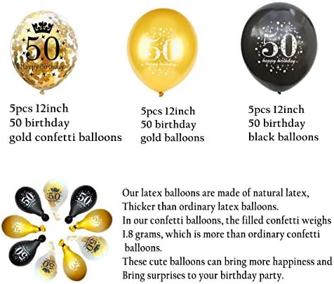 Jonhamwelbor 50. rođendan baloni zlatni i crne zabave 15 pakiranja 12-inčnih balona za lateks i konfete ispisano srećnim rođendanom 50 za žene muškarce