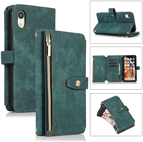 UEEBAI futrola za iPhone XR, 9 utora za kartice Retro kožni novčanik otporna na udarce Flip Cover sa utorima za kartice sa remenom za ruke Zipper džepna torbica magnetno zatvaranje-Retro Green