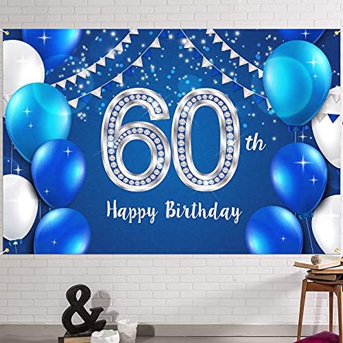HAMIGAR 6x4ft Happy 60th Birthday Banner Backdrop-60 godina rođendanski ukrasi potrepštine za zabavu za žene muškarci-plavo srebro
