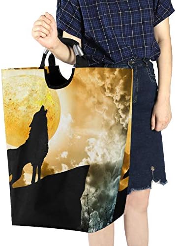 ALAZA Wolf Howling to the Full Moon velika torba za pranje veša sklopiva sa ručkama vodootporna izdržljiva Odjeća okrugla kanta za