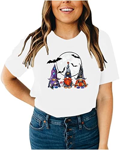 Narhbrg ženski vrhovi, ženske košulje Halloween Casual Gnomes Pumpkin Print majica kratkih rukava okrugla grafički bluza za okrugle