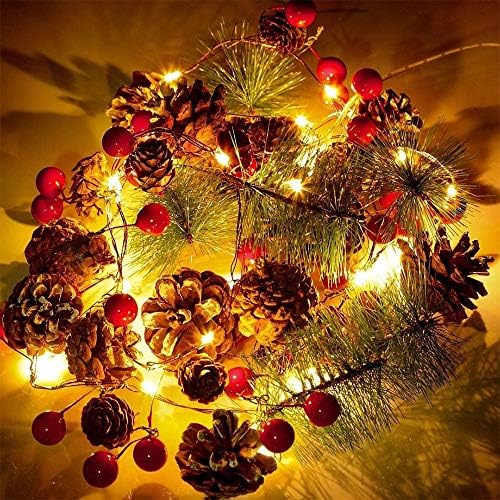6,5ft 20 LED božićnih svjetala, božićni vijenac sa žicama crvene bobice sa zimzelenom borovom iglu, led svjetla, božićne ukrase za dom, novogodišnji ukrasi
