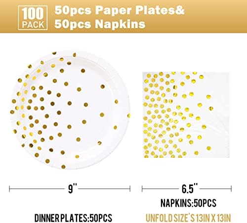 Jednokratne ploče za jednokratnu upotrebu 100 paketa - bijele i zlatne papirne ploče 50 x 9 i zlatne dot salvete 50 x 6,5, papirnate