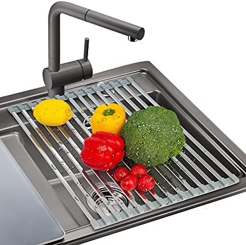 AMZOYO veliki stalak za sušenje od nerđajućeg čelika 20, 5x13in-preko kuhinjskog sudopera ili radne ploče sklopiva žičana podloga za posude - prehrambena, otporna na toplotu do 400°F - neklizajuća Trivet za hlađenje, siva