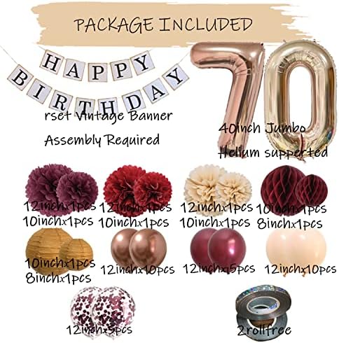 Ukrasi za 70. rođendan žene - sretan 70 rođendanski pribor za žene sa šampanjcem bordo cvijeće baloni maramice dekor