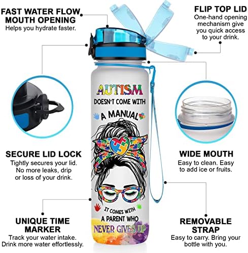 Poklon za mama tata, modske dane, autizam ne dolazi s ručnom bocom vode, 32 oz vode vode sa motivacijskim vremenskim markerom, ponosan