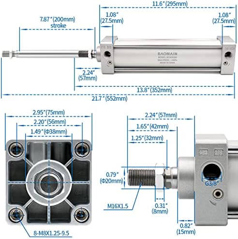 BAOMAIN pneumatski zračni cilindar SC 63 x 200 pt 3/8, bušotina: 2 1/2 inča, moždani udar: 8 inča, vijala klipna šipka dvostruka akcija