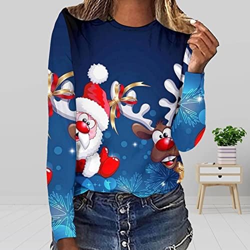 Božićni vrhovi za žene Sparkly Xmas Tree Ispis bluza T košulje dugih rukava Ležerne tunike Teers Cosy okrugla majica