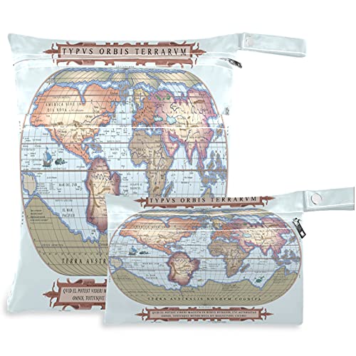 visesunny Old globe Map Monsters 2kom mokra torba sa džepovima sa patentnim zatvaračem periva višekratna prostrana torba za pelene