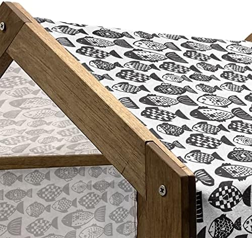 Lunarna crno-bijela drvena kućna kuća, doodle stil jednobojne ukrasne ribe kvadrat i tačkice uzorak, vanjski i zatvoreni prijenosni pas odgajiva sa jastukom i poklopcem, srednje bijele boje