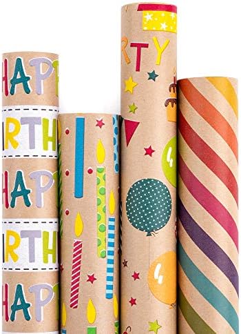 RUSPEPA papir za umotavanje Kraft papir - šareni dizajn rođendanskog omotača-4 rolne - 30 inča x 10 stopa po rolni