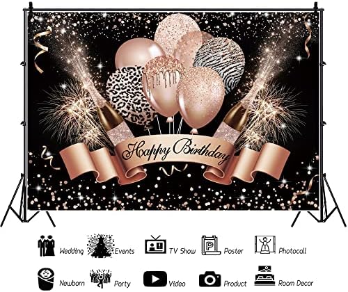 Rose Gold and Black Happy Birthday Backdrop za žene Pink i Black Shiny Gold Balloon Champagne Glass Glitter Background for Photography Birthday Party Decorations Banner Photobooth 7x5ft