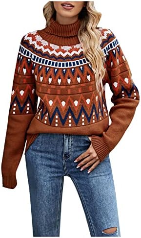 Ženski povremeni turtleneck džemper Vintage Color Block Holiday Pulover Basic Dugi rukav Ugodni pleteni Jumper vrhovi