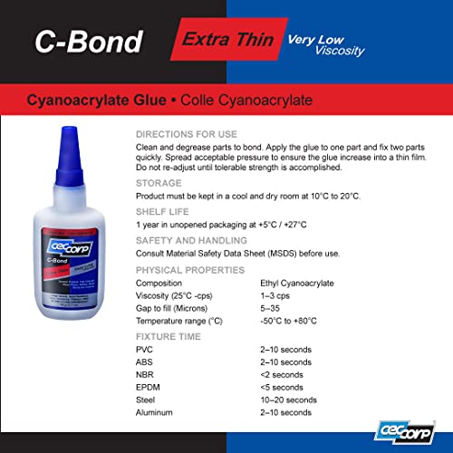 Super ljepilo CA ljepila C-Bond CyanaACrylate Instant ljepilo CECCORP - ekstra tanak - pogodno za lijepljenje tvrdog / meke plastike i gume, metala, keramike, stakla, drva