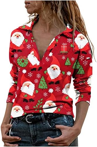 Ženska majica modni Božić dugme V vrat majice dugi rukavi vrhovi pulover Xmas Vintage Print tunika bluza za žene
