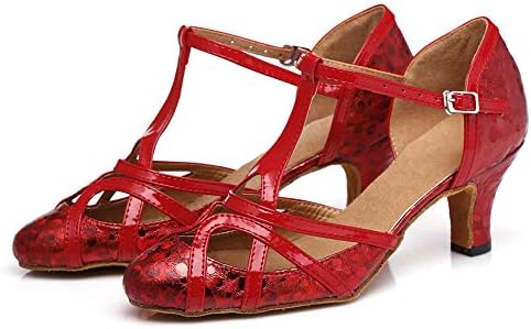 Ženska T-Strap sjaj Salsa Tango Ballroom Latin Vjenčanje cipele za ples Niska potpetica 6 cm, crvena, model 2040, 5,5 b