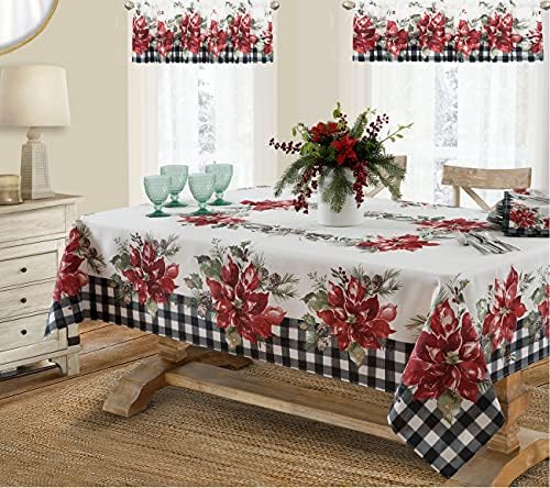 Newbridge Poinsettia Festivity Gingham obrubljena božićna tkanina Stolnjak, seoska vikendica Ispis Lako njege, mrlje puštanje stolnjak, 60 x 144 duguljasti / pravokutnik