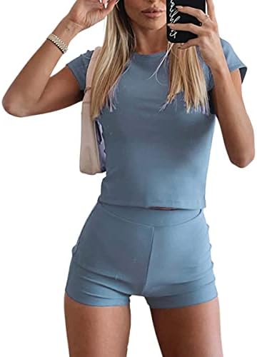 Yeenily Women 2 komada odjeća s kratkim rukavima Solidna majica Slim Fit Film Top High Squik Works set Streetwear