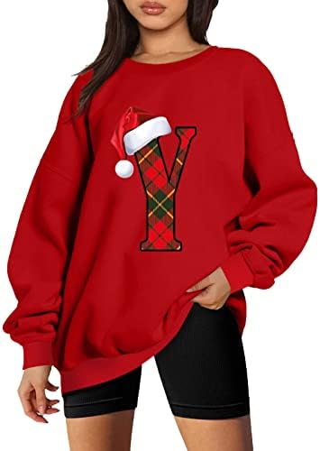 Santa šešir i Y Print Žene Prevelizirani košulji od runa modni pulover s dugim rukavima Dnevni džemperi