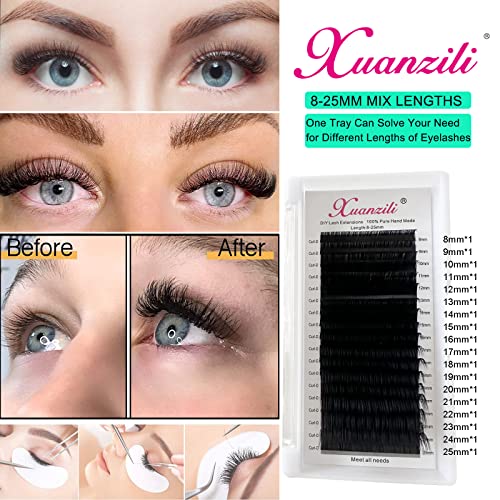 Ekstenzije trepavica - Xuanzili D Curl, debljine 0,15 mm, 18rows 8-25mm mješovite dužine, klasična & amp; Volume Lash, meka mat crna,