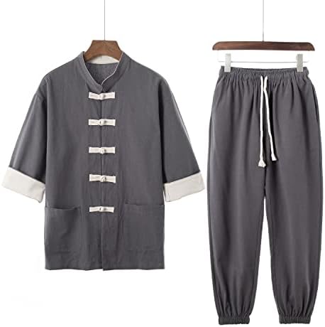 Muška odijela Regular Fit Vintage ovratnik pamučna majica kratkih rukava Muška Tang Odjeća ploča kopča Casual Hanfu