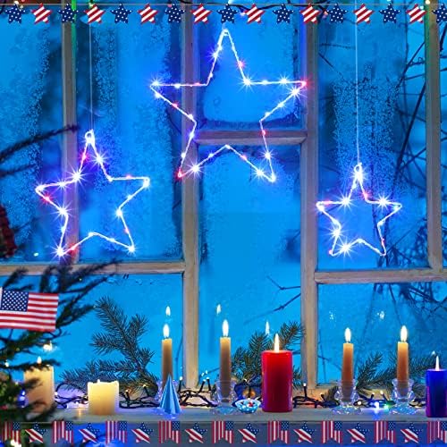 3 komada svjetla za dekoracije 4. jula, 12 inča 8 inča 6 inča patriotsko zvjezdano prozorsko svjetlo, crveno plavo i bijelo LED svjetla sa željeznim okvirom i daljinskim upravljačima za zabavu povodom Dana sjećanja na nezavisnost