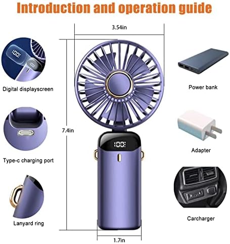 Fajhijun prijenosni ručni ventilator ventilator 5 brzina USB punjivi 5000mAh Personal džepni ventilator sa LED ekranom 7-16hs tihim