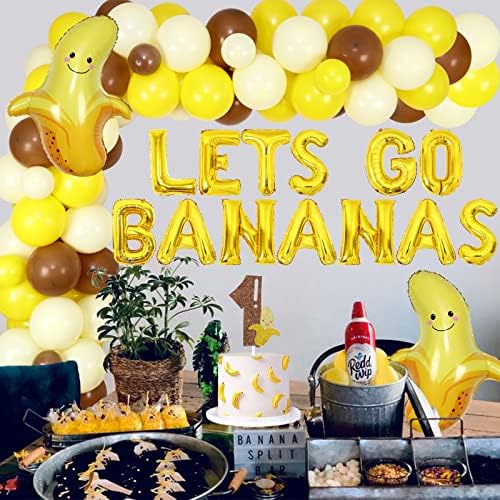 Banana rođendanski ukrasi, komplet vijenca od žutog balona za 1. rođendan na temu banane, Idemo banane Banner, banana torta Topper highchair Banner za voćni dekor za prvi rođendan