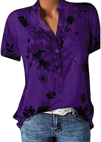 Ljetna ženska košulja zarez V izrez kratki rukav na vrhu vrhova Trendy Vintage cvjetni print majica casual labava bluza
