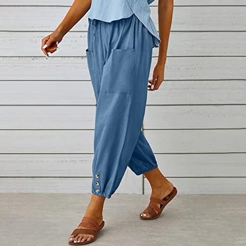 Sunyuan elastični vezati struk ženske pačene pamučne pamučne i posteljine devete pantalone sa džepovima Ljeto casual gumb prednje