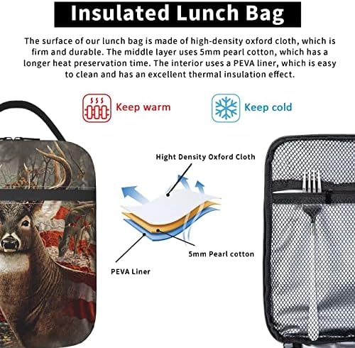 Oumghxf Retro Deer torba za ručak sa američkom zastavom za žene / muškarce,kutija za ručak za muškarce za višekratnu upotrebu,izolovana hladnjača za ručak za odrasle djecu