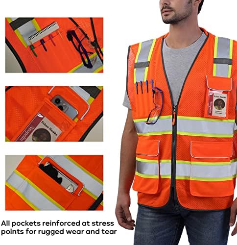 Neopelta reflektirajuća sigurnosna prsluka narančasta mreža, prsluk visoke vidljivosti s džepovima i patentnim zatvaračem, podstavljeni
