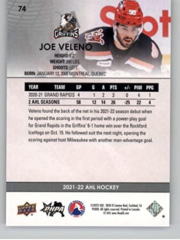 2021-22 Gornja paluba Ahl # 74 Joe Veleno Rc Rookie Grand Rapids Griffins hokejaška trgovačka kartica