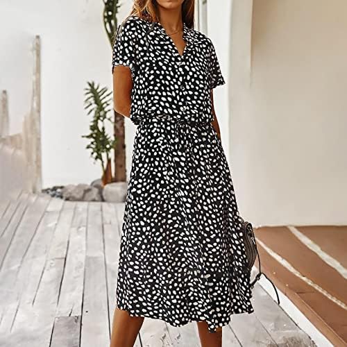 Ženske Ljetne Haljine Casual Shirt Dress Polka Dot Print Vintage Kratki Rukav Kravata Prednji Drawsring Struk Midi Haljina