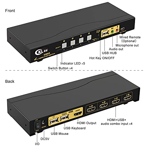 CKLau KVM Switch HDMI 4 Port sa USB čvorištem, Audio i 4 KVM kablovima, 4 Port HDMI KVM Switch podrška 4K@60Hz 4:4:4, EDID podržava