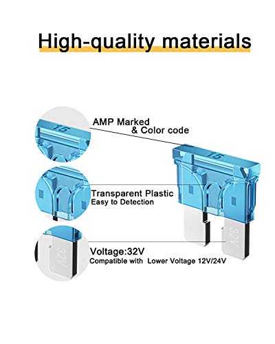 20pcs 15A standardni osigurači - 15 AMP automobilski osigurači, 3V osigurača noža za RV / kamion / SUV