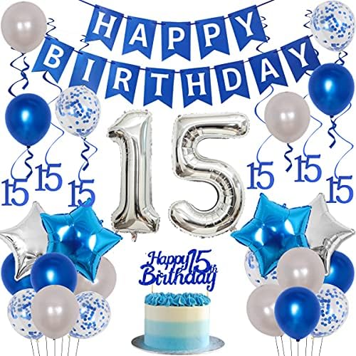 15. rođendanski ukrasi za djevojke Teal plavi 15. rođendanska zabava Tirkizni Sretan rođendan Baner Teal Zeleni broj 15 Star Foil