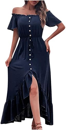 Žensko ljeto Off-the-rame Solid Bool Ruffles Nepravilna casual haljina Split dugačka linija plaža Maxi haljina
